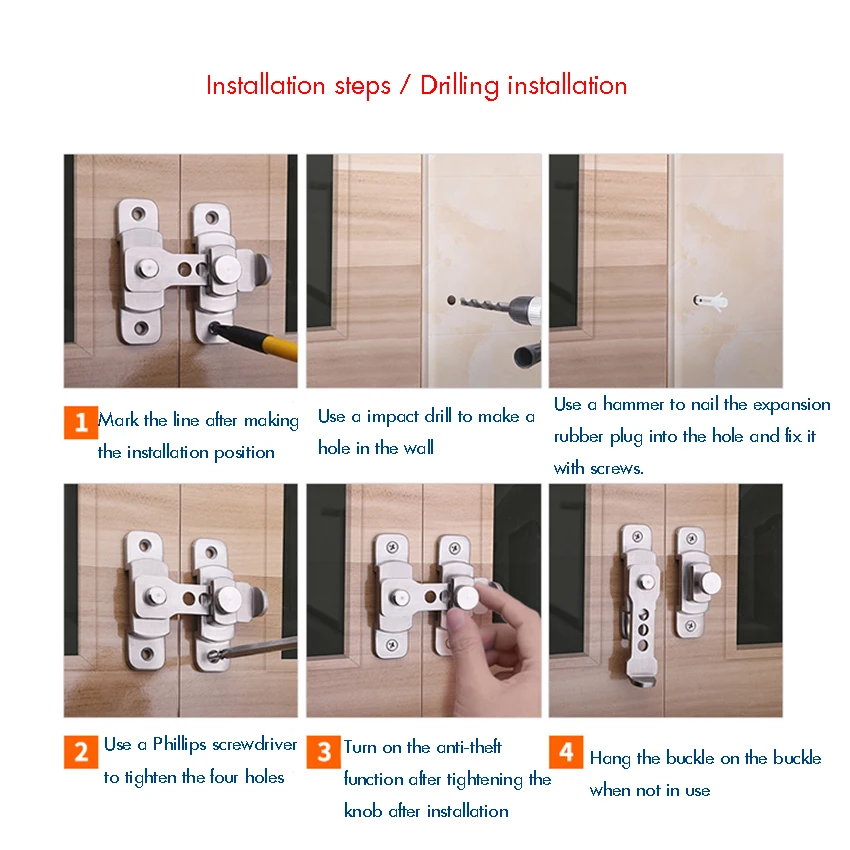 Flip Door Latch, 270 Degree Heavy Duty Stainless Steel Bar Gate Latches Safety Door Lock, Brushed Finish, Thickness 4mm S /L