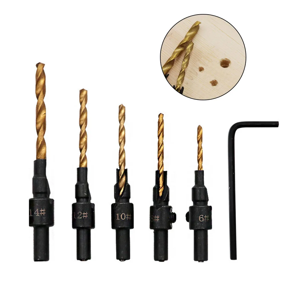 5pcs Round Handle Titanium Plating Spiral Bit Drill Hit Screw Cap