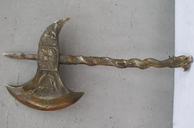 free china bronze carved ancient martial arts weapons dragon ax