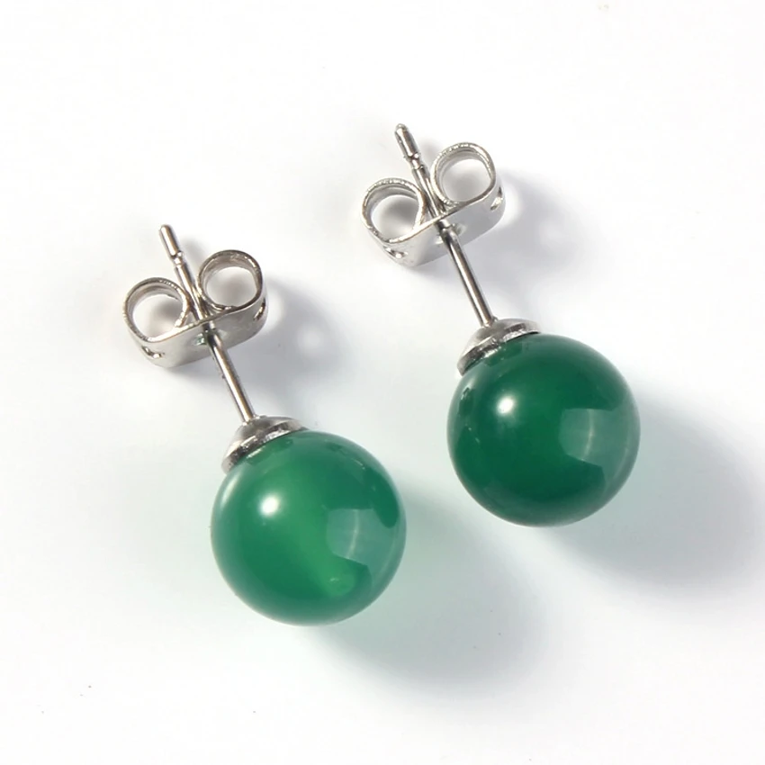 

Kraft-beads Popular Silver Plated Green Agates Round Stone Stud Earrings For Women Fashion Jewelry