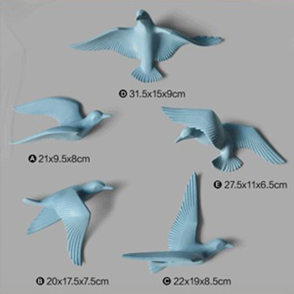 5pcs Nautical Resin 3D Birds Wall Art Murals Flying Seagull Sculpture Bedroom Wall Stickers DIY Home Hotel Decor Blue
