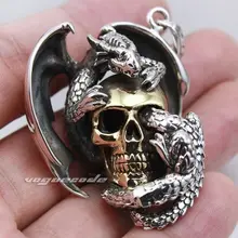 Huge Wing Dragon On Skull 925 Sterling Silver Mens Pendant 8B006(Necklace 24inch)
