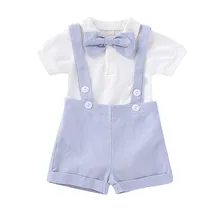 Лидер продаж, комплект одежды для новорожденных мальчиков и девочек, однотонная блузка с короткими рукавами для малышей, рубашка Топ+ комбинезон, Костюм Джентльмена из двух предметов