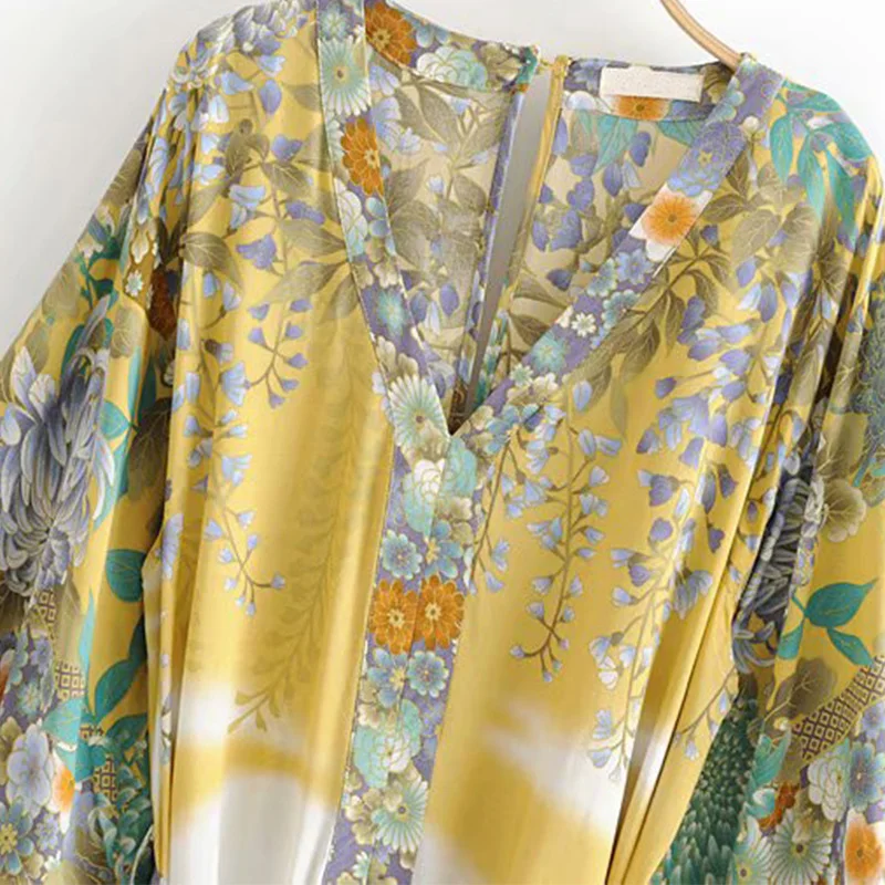 بوهو شيك الصيف خمر الزهور طباعة مع الزنانير البسيطة اللباس النساء 2019 الأزياء كيمونو كم شرابة الشاطئ فساتين Vestido موهير بوهو شيك الصيف خمر الزهور طباعة مع الزنانير البسيطة اللباس النساء 2019 الأزياء كيمونو كم شرابة الشاطئ فساتين Vestido موهير