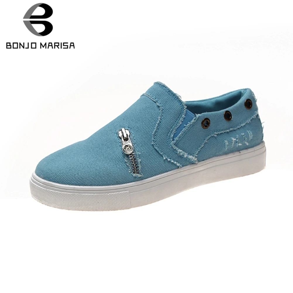 

BONJOMARISA 2019 New INS Hot Zipper Vulcanize Shoes Woman Autumn Denim Loafers Women slip-on Flats Shoes Woman