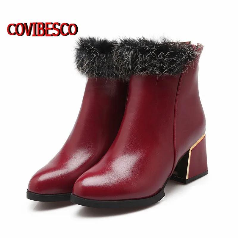 

New women thick high heels ankle boots soft pu leather pointed toe less platforms fashion rabbit fur martin boots plus size34-43