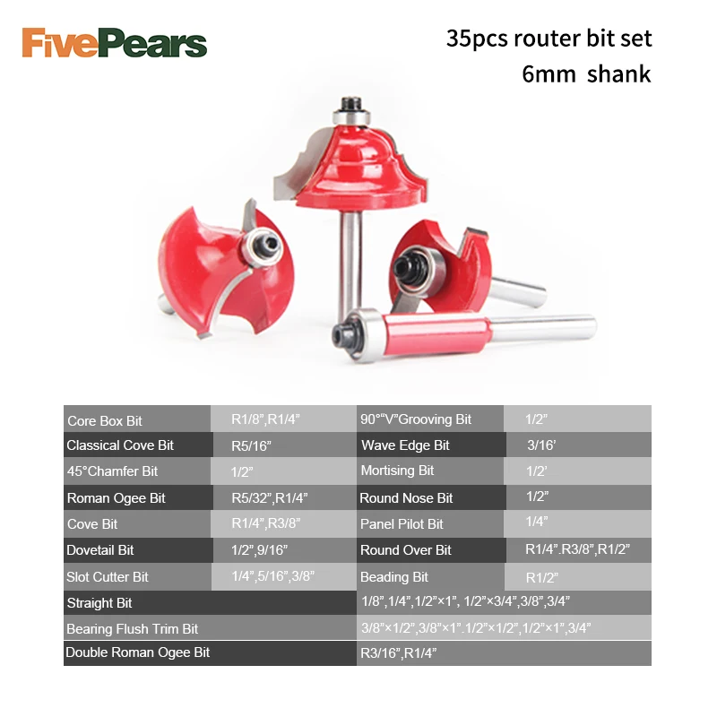 FivePears 35pcs 6mm Shank Router Bits Set Professional Woodworking Tungsten Carbide Milling Cutter With Metal Storage Box FivePears 35pcs 6mm Shank Router Bits Set Professional Woodworking Tungsten Carbide Milling Cutter With Metal Storage Box