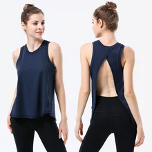 Темно-синий сексуальный женский топ для йоги с открытой спиной, женская спортивная рубашка без рукавов, женская спортивная футболка для бега, женская футболка для йоги и тренировок