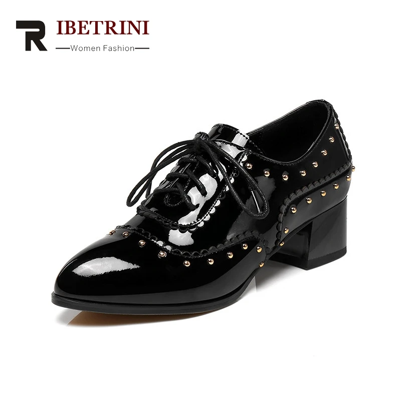 

RIBETRINI 2018 New Arrival Brand Spring Autumn Genuine Leather Pumps lace-up Plus Size 30-45 Shoes Woman Punk Lady Shoe