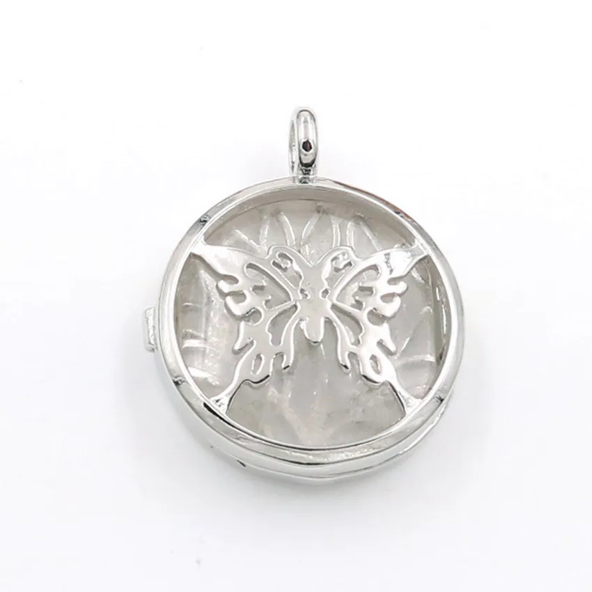 

FYJS Unique Silver Plated Locket Hollow Butterfly Natural Rock Crystal Pendant Ethnic Style Jewelry