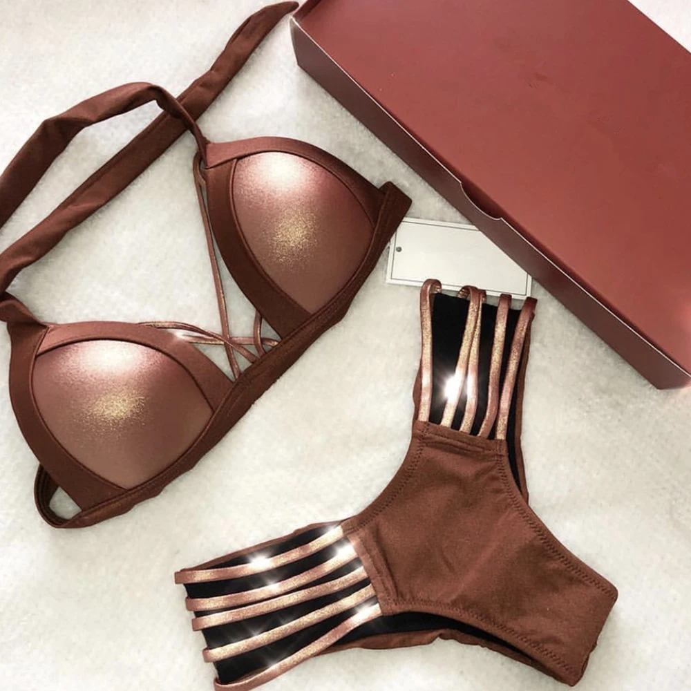 

Sexy Push Up Micro Bikinis Women Bandeau Swimsuit 2018 Golden Swimwear Bottom String Bikini Set Bathing Suits Brazilian Biquini