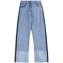 Лето и осень, тонкий пуховик, полосатые штаны с отворотами по бокам, светлый цвет, высокая талия, прямые джинсы 8019