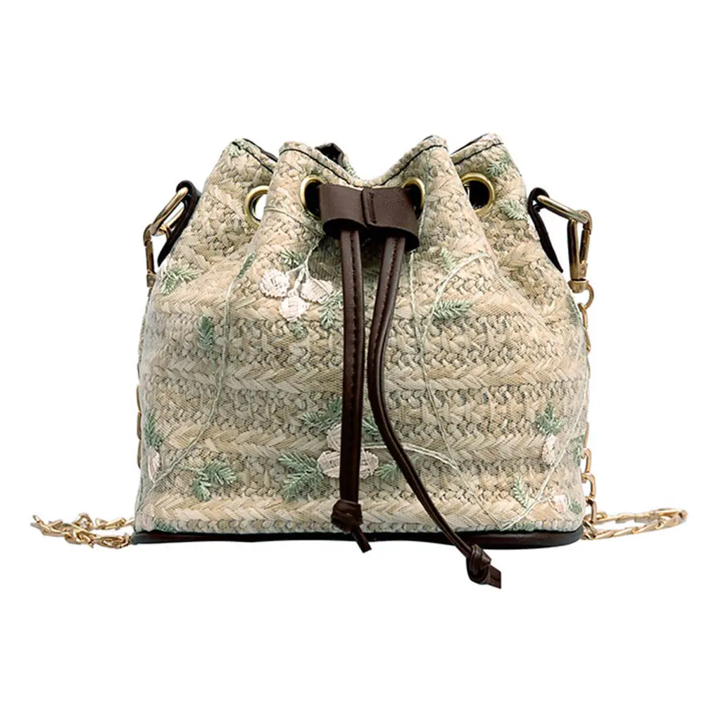 

New Fashion Crossbody Leather Bag Round Beach Bag Girls Circle Rattan Bag Small Drawstring Lace Straw Bucket Shoulder Bag