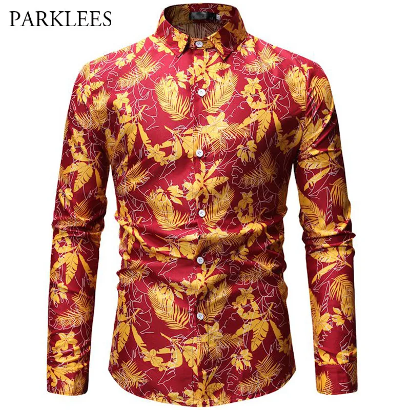 Mens Hipster Holiday Shirt 3D Gold Leaves Floral Print Male Red Dress ...