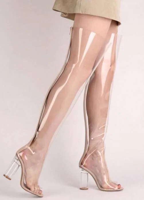 

Hot sale PVC transparent over the knee boots Summer high boots for woman thick heels long boots woman bots free shipping shoes
