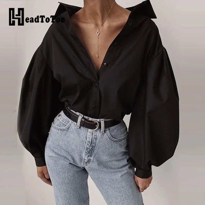  Fashion Lantern Sleeve Women Casual Shirt Blouse Solid Black Long Sleeve Camisas Mujer Streetwear L