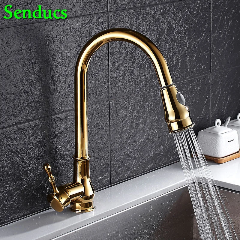 

Senducs Gold Pull Out Kitchen Faucet Quality Brass Kitchen Sink Faucet Single Lever Hot Cold Pull Down Kitchen Sink Water Faucet