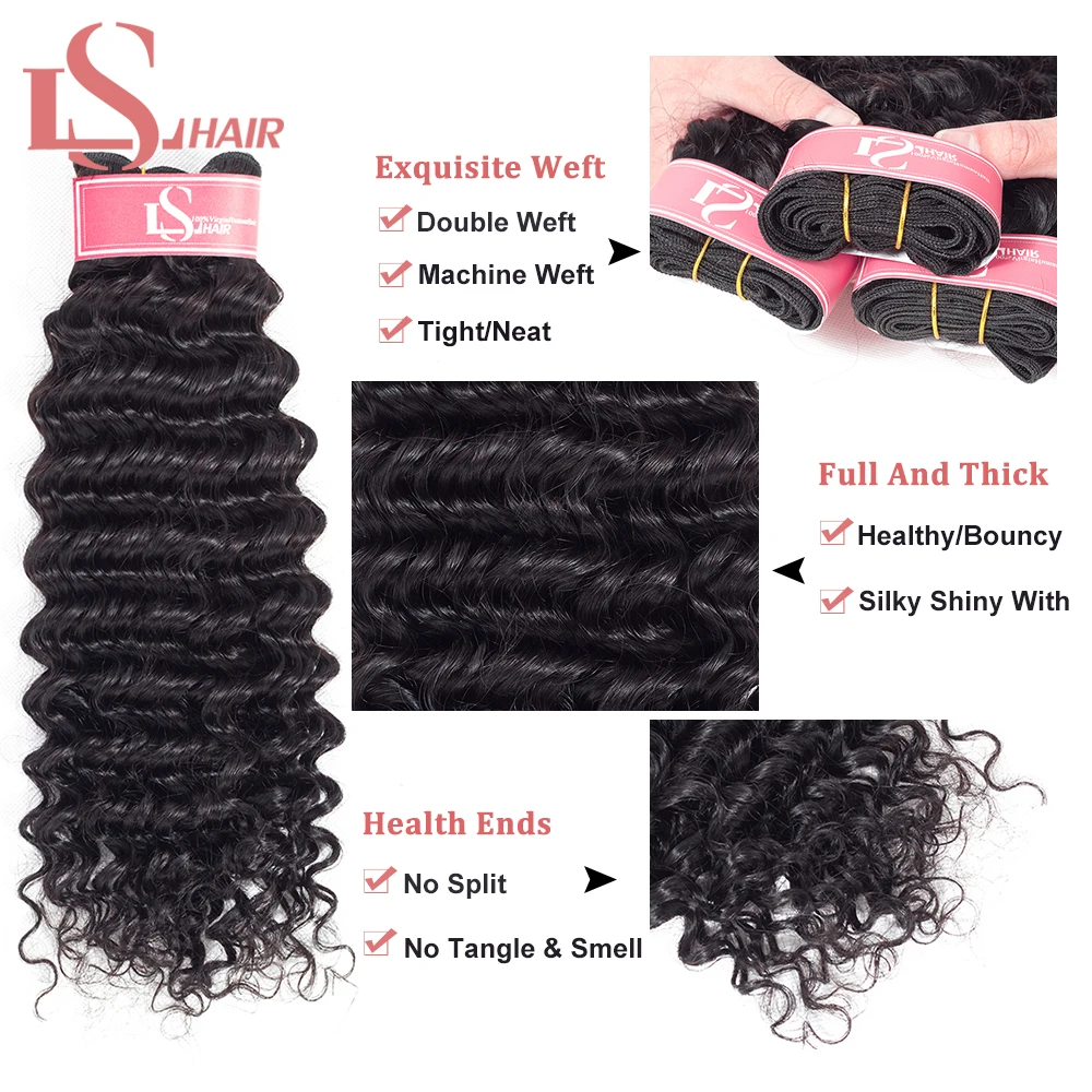 LS волосы бразильские глубокая волна наращивание волос Remy человеческие волосы переплетения пучки натуральный черный 1 шт сделки можно купить 3 или 4 пучка