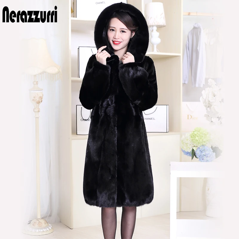 Nerazzurri настоящая норковая шуба женская с длинным рукавом с капюшоном черная натуральная Меховая куртка Верхняя одежда размера плюс 4xl5xl 6xl 7xl
