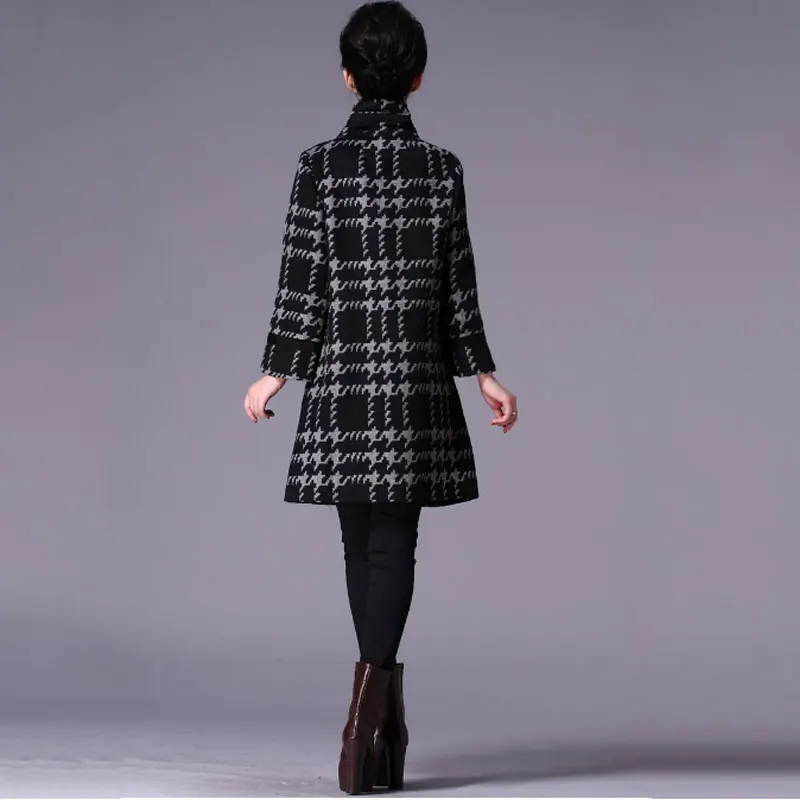 Women Wool Blends Plaid Coat Femal Thick Turtleneck Striped Printed Winter Coat Classic Outerwear Spring Trench Coat S-5XL Coats
