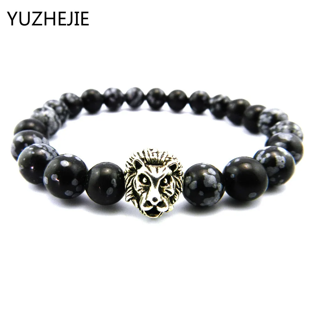 2018 New Design Mens Bracelets Retail 8mm Snowflake Obsidian Stone Beads Antique and Gold Lion Head for Women |