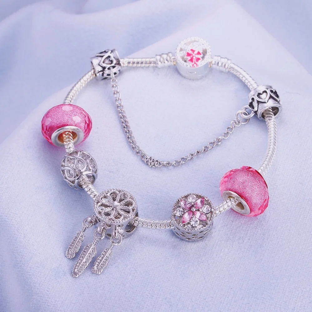 

European Jewelry Charm Women Bracelet Crystal Pink Gem Bead Silver Tassel Ladies Bangle Kids Gift Accessories DIY Pulseras mujer