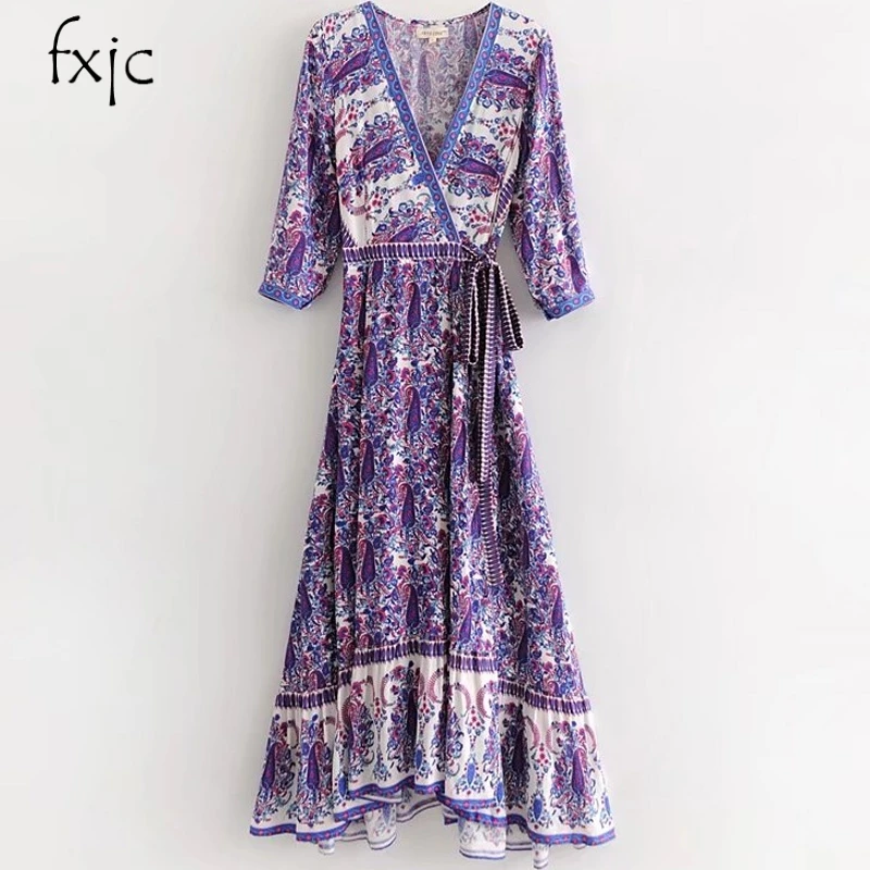 

Bohemian printed V-neck tie wrapped chest waist women dress 2018 new summer