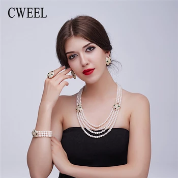 

CWEEL Pearl Jewelry Set For Women Ethiopian Bridal Dubai Indian Wedding Costume Gold Nigerian Luxury Necklace Jewelry