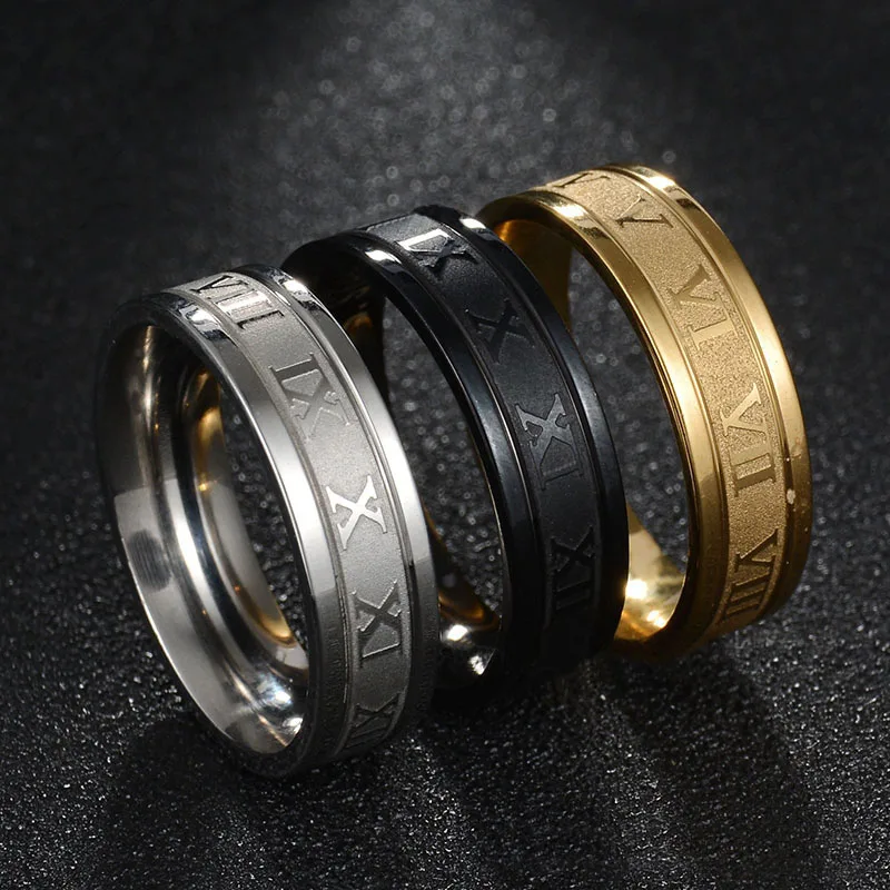 Горячая 6 мм римские цифры золото-цвет черный Мужчины Женщины Кольцо 316L парные кольца из нержавеющей стали Прямая поставка