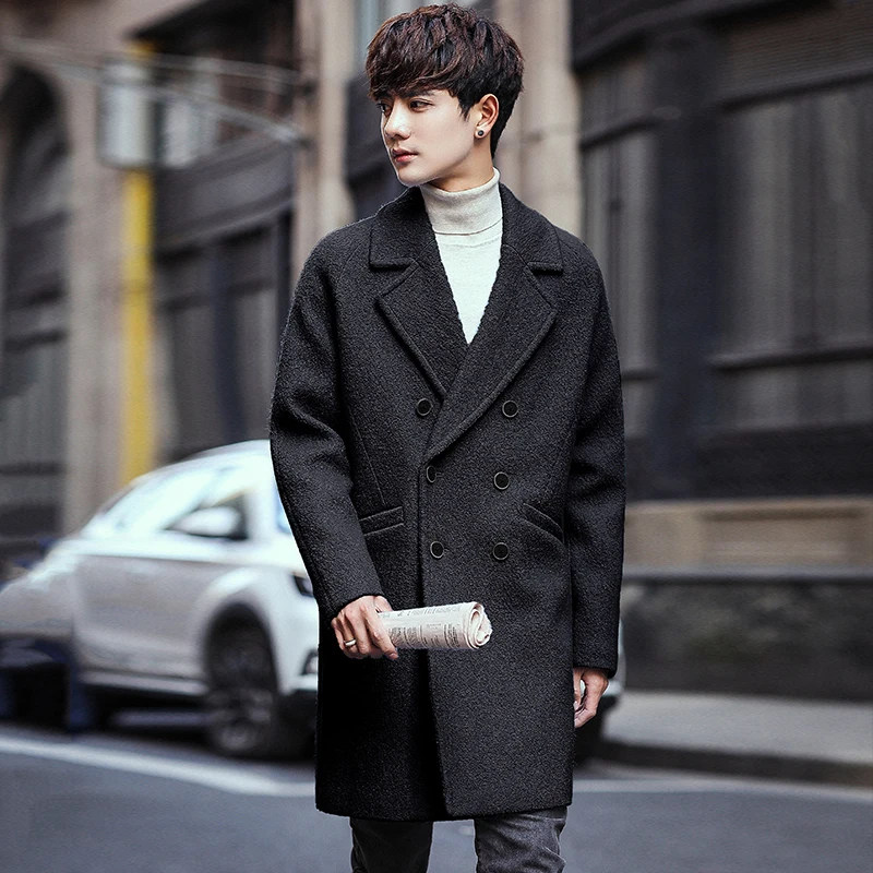 

Fashion Casual Men's Jacket Winter New M-2XL Long Solid Color Wool Woolen Loose Coat Jacket White Blue Personality Youth Popular