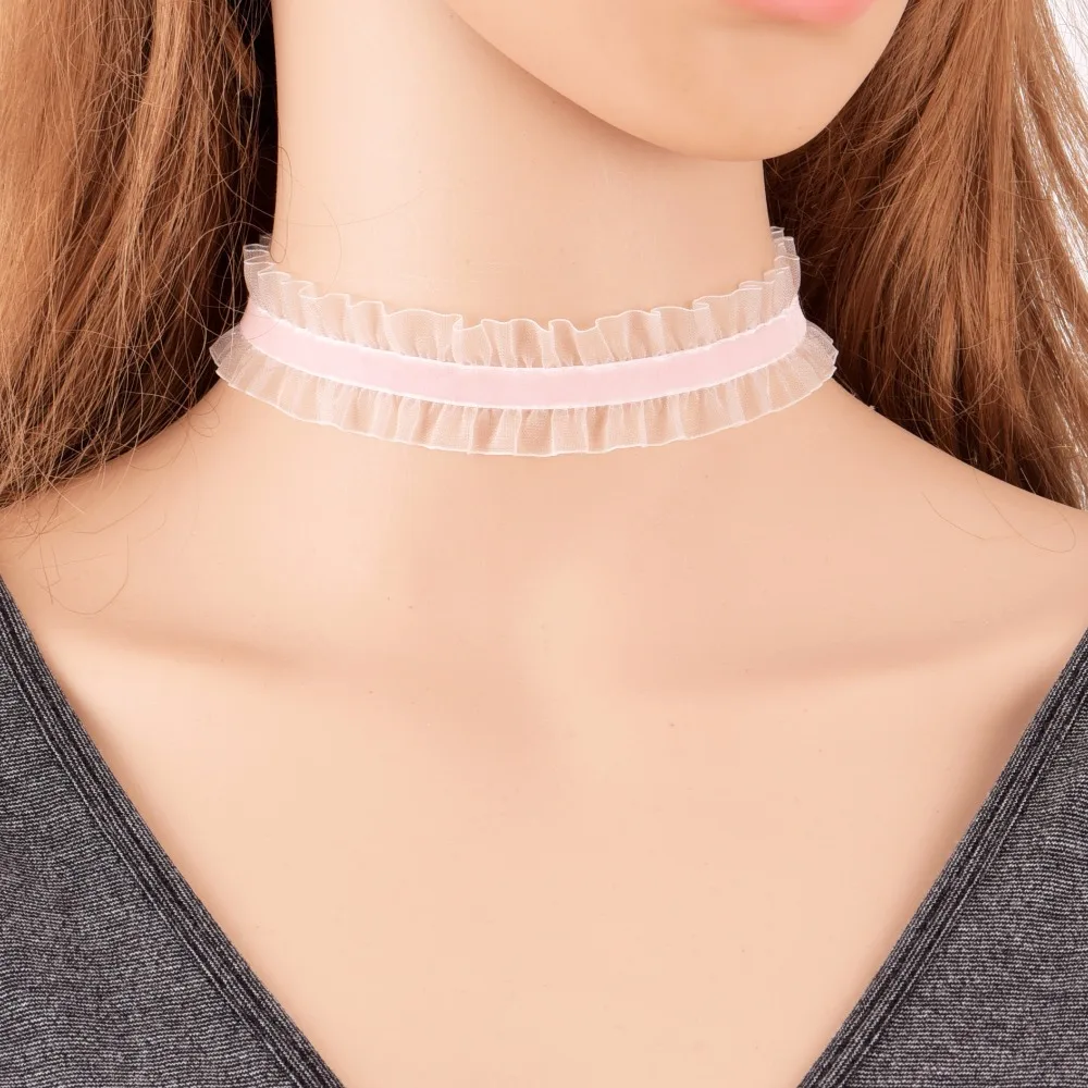 2018 New Charm Retro Pink Velvet Strip Lace Choker Neckband Silver