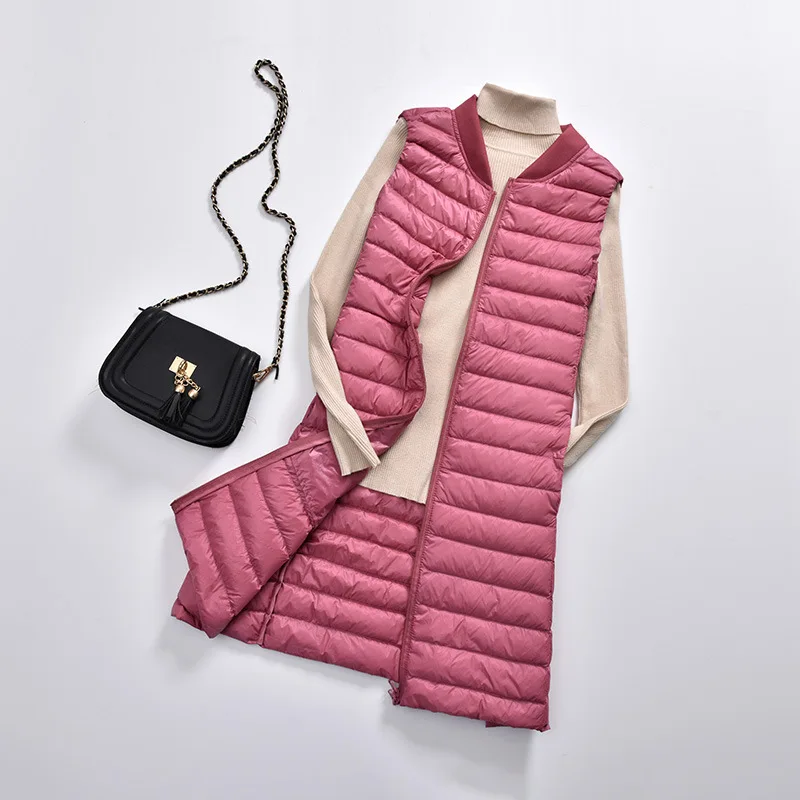 Зима 90%, ультра-светильник, женский жилет, без рукавов, светильник, длинный, теплый, модный, женский, Приталенный жилет, размер M-3XL - Цвет: Розовый