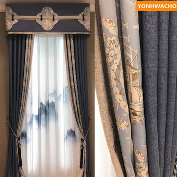 

Custom curtains ink landscape Chinese painting living room bedroom window blue cloth blackout curtain tulle valance drape B122