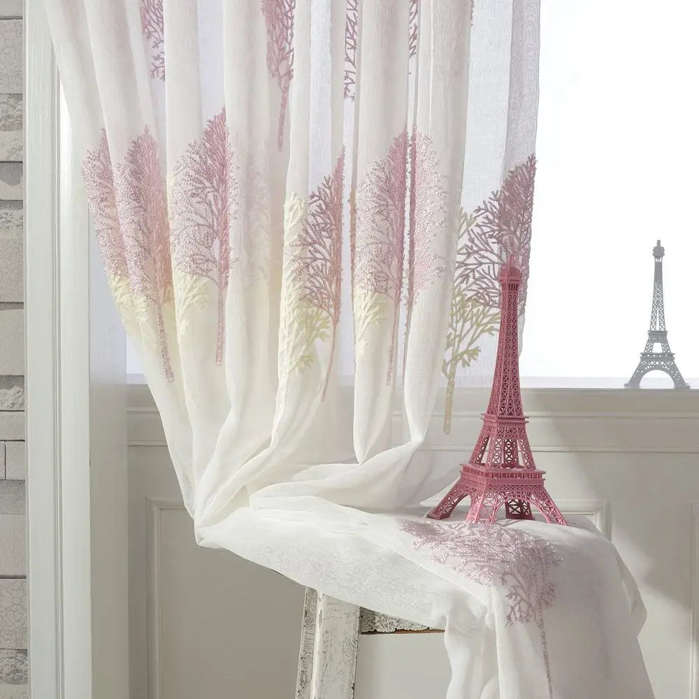 

Double Color Tree Embroidered Tulle Curtains Sheer Curtain Embroidery Window Volie Cortinas Rideau Voilage Gordijnen CL-123