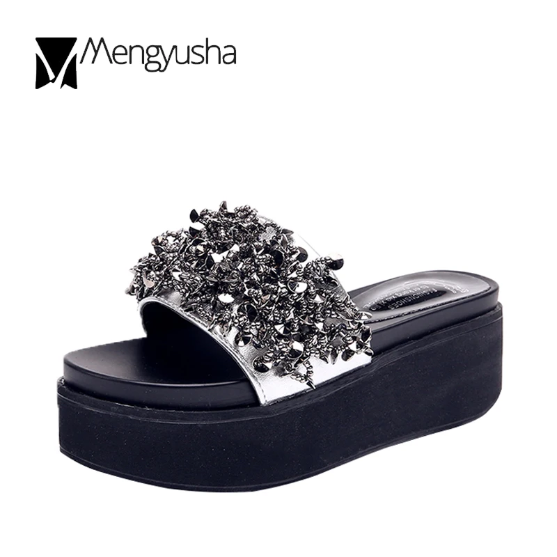 Cristal Mujer Argent Épais Bling Plate Diapositives argent forme Coins Femmes Flops Talons Zapatos Sandales Dames D'été Noir Flip Chaussures Plage Confortable Ybyf6g7v