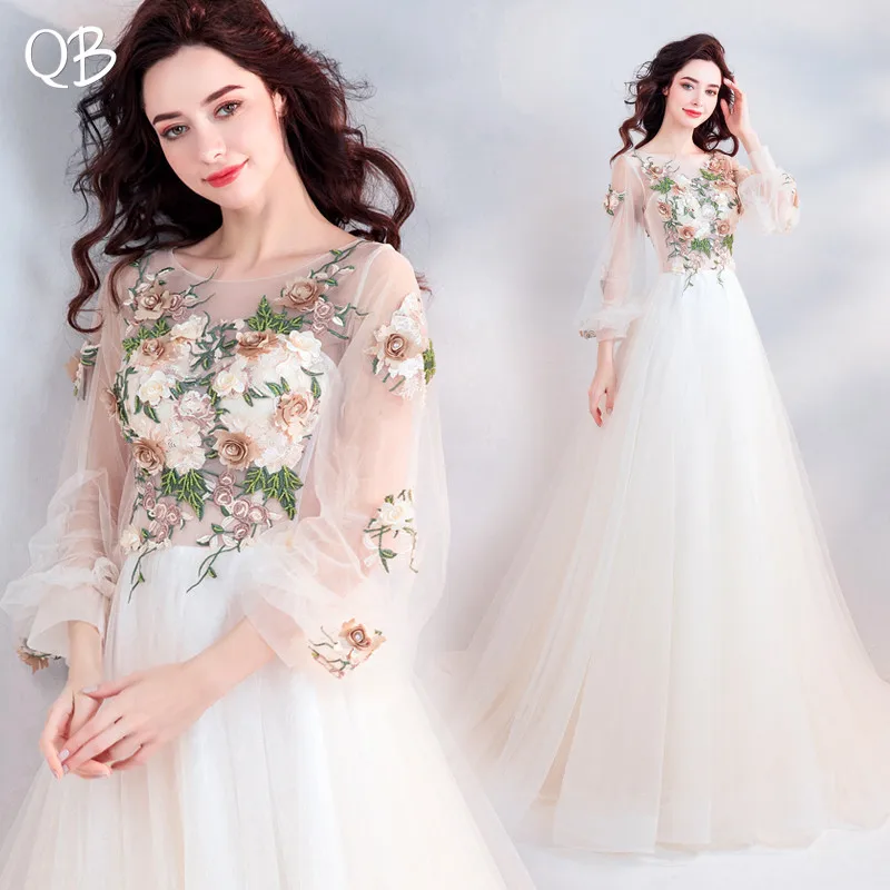 

A-line Long Sleeve Tulle Flowers Appliques Beaded Elegant Formal Evening Dresses Bride Banquet Party Prom Dress XK27