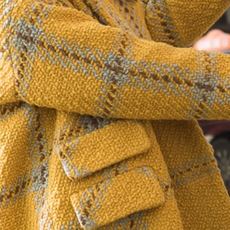 Женские осенние зимние желтые клетчатые двубортные шерстяные пальто свободного размера плюс, теплые плотные Длинные парки для девочек, новые пальто LY105