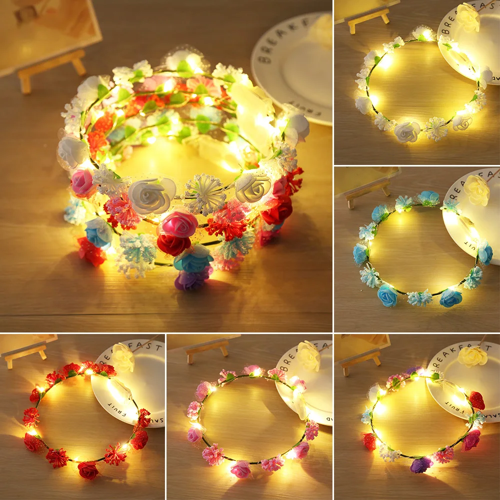 

Women Hair Band Headwear Light Up Flower Flashing Headband Elastic Wreath Luminous Flower Garland Girl'S Party Hair Accessories