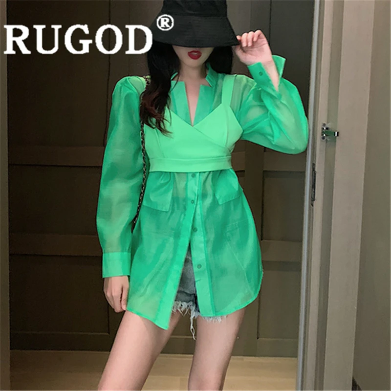 

RUGOD Women solid transparent blouse turn down collar long sleeve shirt+solid sling vest new fashion female elegant sexy top