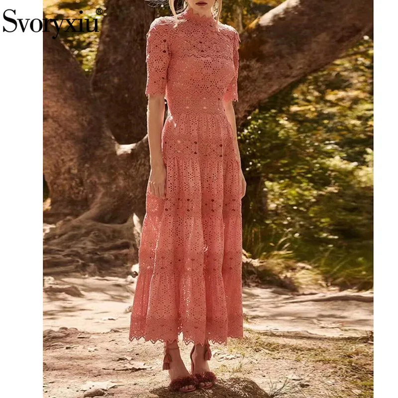 

Svoryxiu Elegant Hollow Out Embroidery Party Long Dress Women's Summer Runway Solid Dress Vestdios