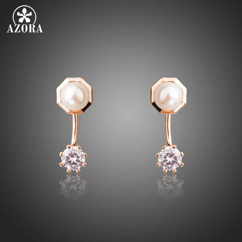 AZORA/розовое золото цвет Мода Стиль Ясно Круглый Кубический цирконий имитация жемчуга Серьги гвоздики для женщин модные украшения TE0302