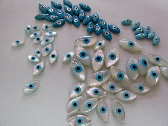 

25pcs 4x8 5x10 7x14mm Top Quality Genuine MOP Shell mother of pearl Evil Eyes Marquise Blue White Cabochons beads