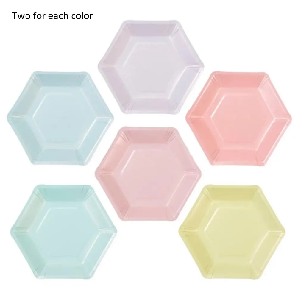 

12pcs Macaron Six Color Disposable Paper Plates Hexagon Paper Tray Decorations for Wedding Birthday Party Supplies Decorative