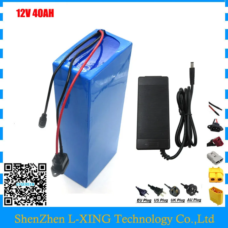 

Free customs fee 10pcs wholesale 350W 12V 40AH battery 12 V 40000MAH Lithium ion battery for 12V 3S Battery 5A charger