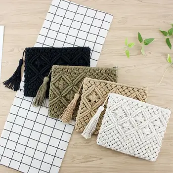 

Woman high quality beach bag straw clutch Elegant Female Braided Handbag women day tassels summer Knitted envelope Hasp bag