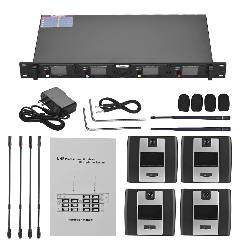 Muslady D2 Профессиональный 4-канал частоты UHF Беспроводной микрофонная система для Конференции 6,35 мм и выходов XLR двойная антенна