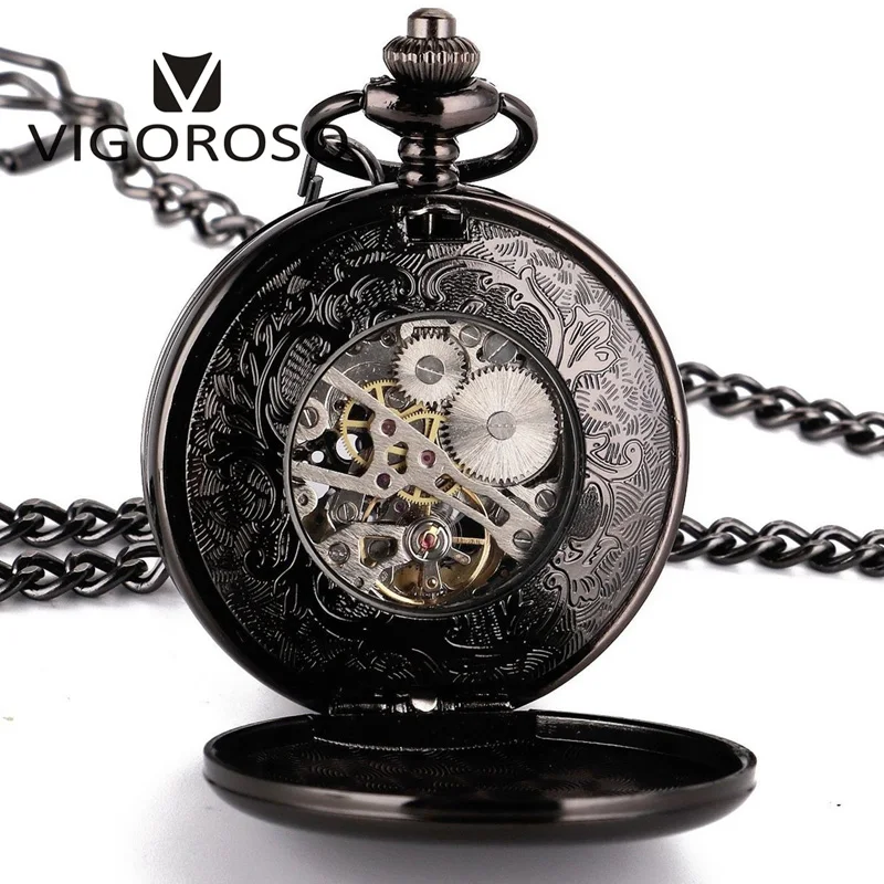 Антикварный скелет, синие римские цифры, циферблат, черный сплав, чехол, механический ручной взвод, длинный брелок, цепь, часы, мужские карманные часы 3013