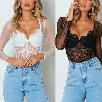 

Women Sexy Lace Bodysuit Perspective Floral Embroidery Hollow Out Playsuit Black White Jumpsuit Summer Overalls
