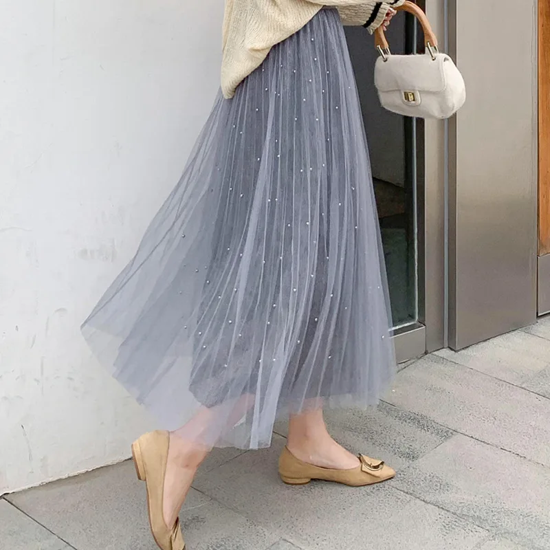 

Mesh Skirt Beaded Spring And Summer Pleated Skirt Draping High Waist Plus Fertilizer XL A Word Large Long Skirt 200 Kg