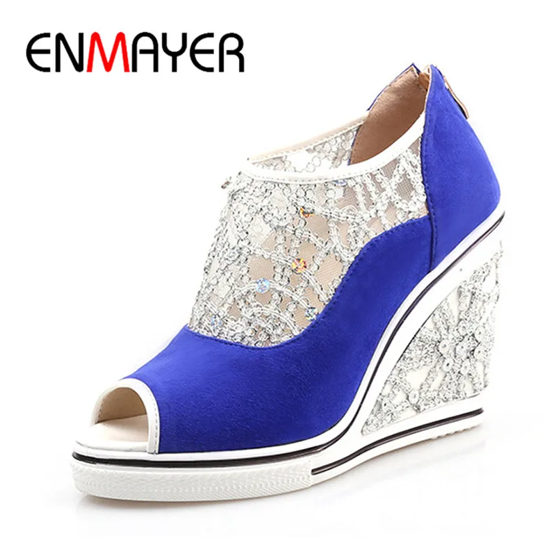 

ENMAYER New Arrivals Spring Women Shoes Wedges Ladies Pumps Glitter Flock Summer Fashion Sexy Black Pumps Platform Shoes Woman